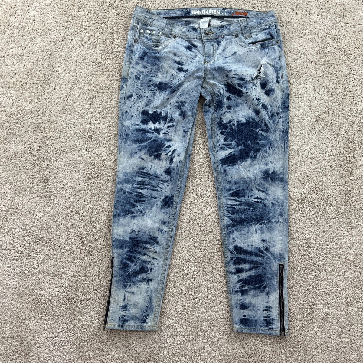 Hang Ten Womans Jeans 13 Blue Skinny Demim Tie-Dye Ankle Zip