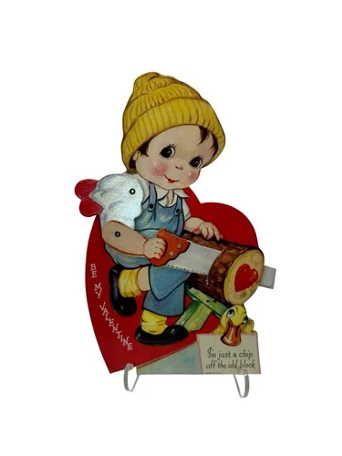 Vtg 40’s Mechanical Valentine Lumberjack Saw Stocking Cap Overalls Duck Log Wood