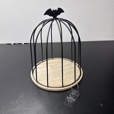Decorative Cloche Halloween Bat Birdcage Black Metal Wood Base Decor 7X8 Craft