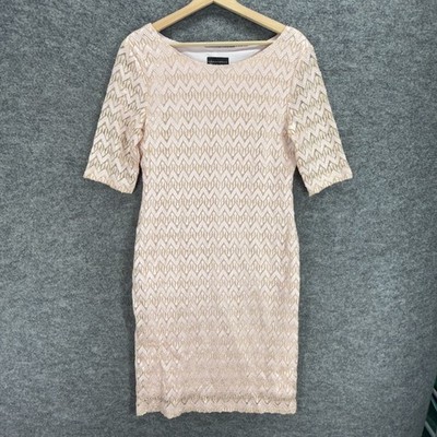 Connected Apparel Dress Women 12 Beige Striped Sheath Midi Lined 3/4 Sleeve