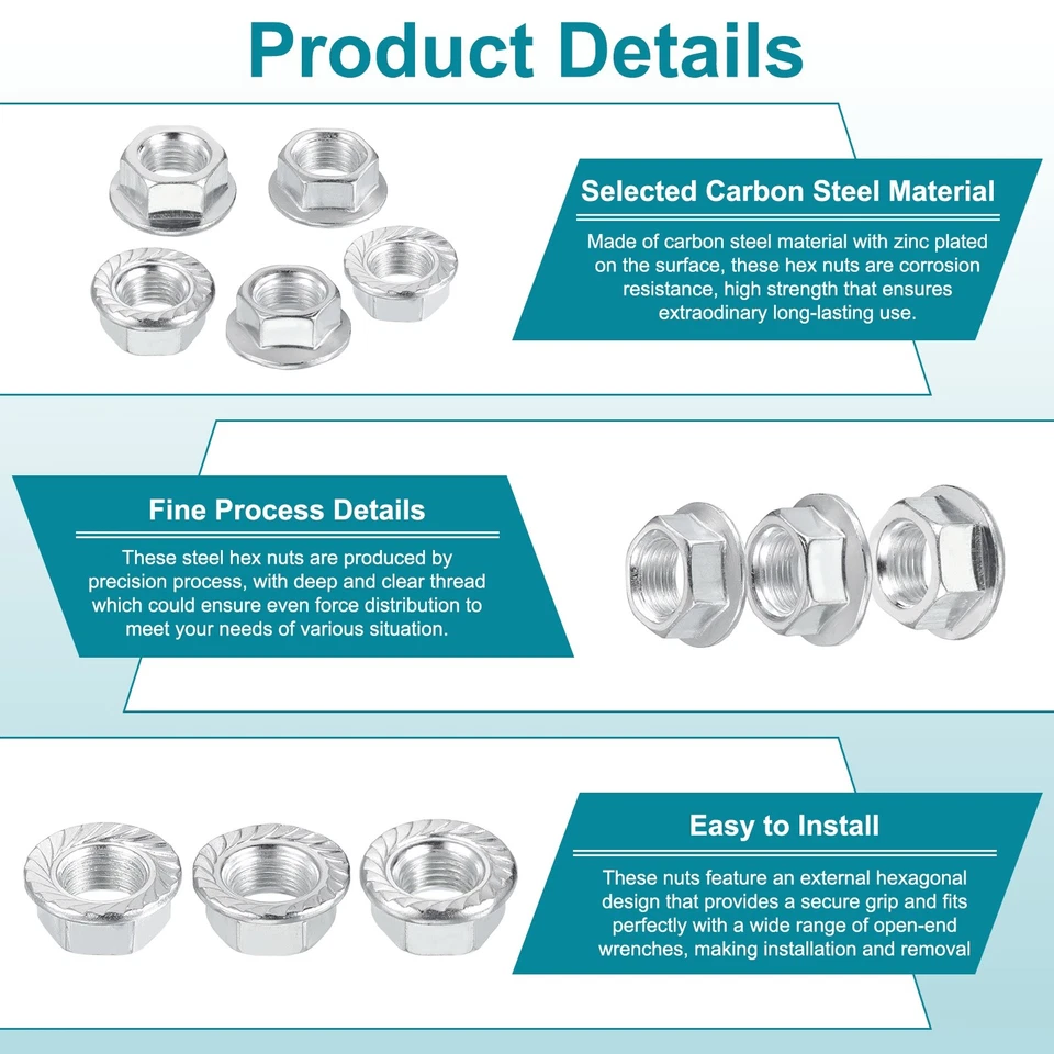 M14x1.5mm Serrated Flange Hex Lock Nuts, 10Pcs Nut Fasteners, Silver - Bild 3 von 4