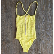 Blue Life Yellow Gingham Textured Zip Front One Piece Swimsuit Small Tie Back