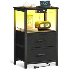 Night Stand with Charging Station and Lights, End Table for Bedroom with 2 Fa...