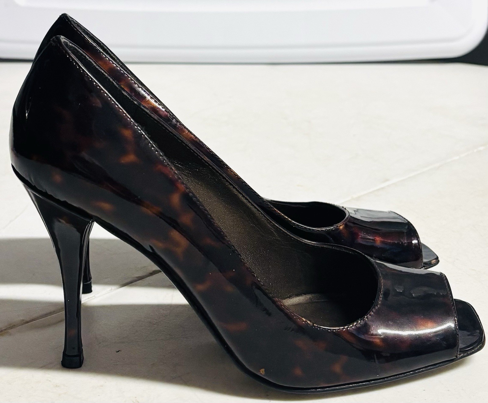 Stuart Weitzman Tortoise ShellPatent Leather Peep… - image 1