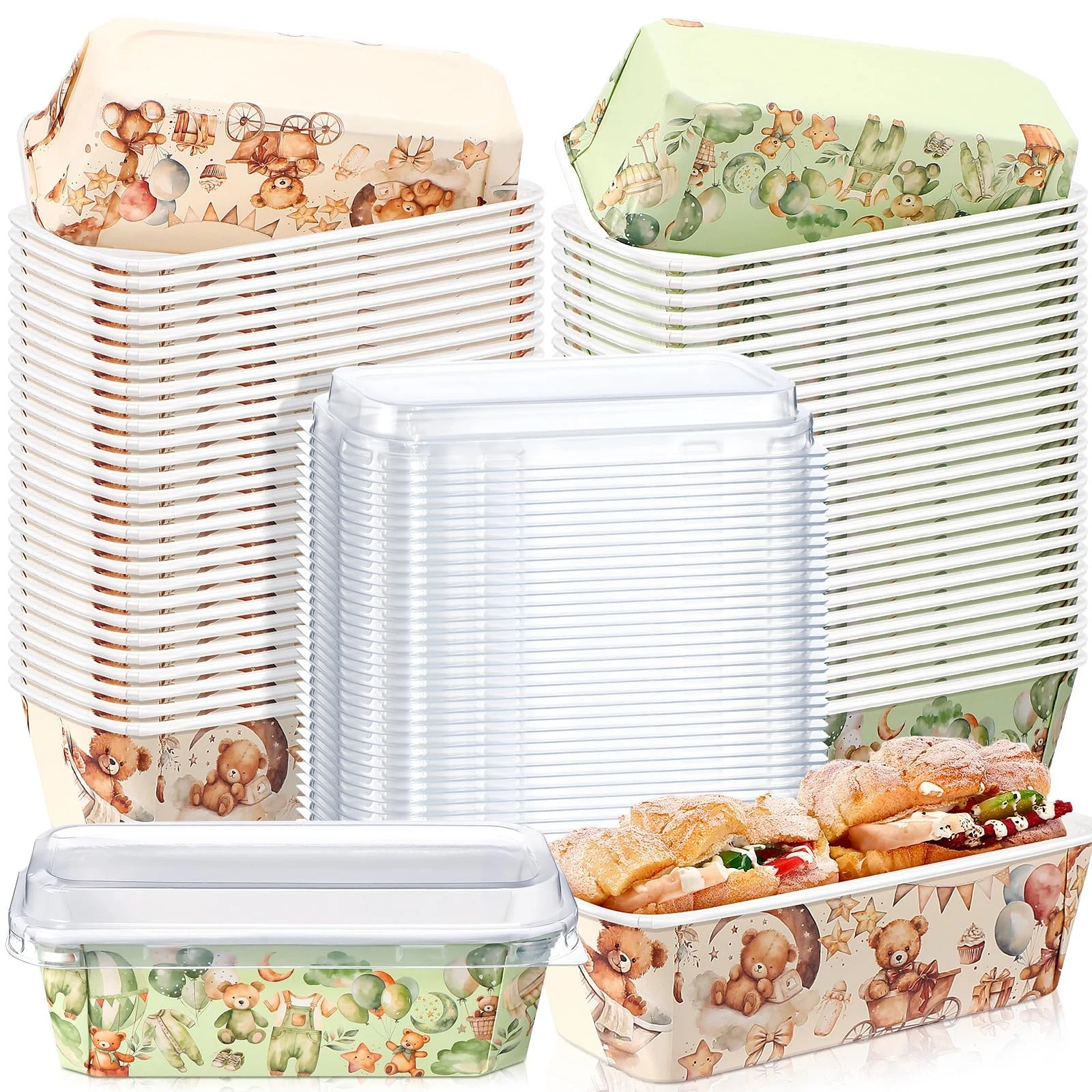 100 Pcs Baby Shower Paper Loaf Pans with Lids Bulk 6.3 x 2.2 x 2.2 Inch Bear ...