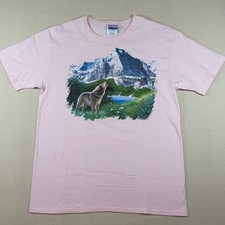 Vintage Hanes Her Way Wolf Mountain Graphic T-Shirt Pink Large Made in USA 90s