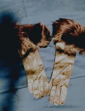 15 in Black Kid Leather Gloves  Black Fox Cuff Stunning Excellent Vintage 7 1/2
