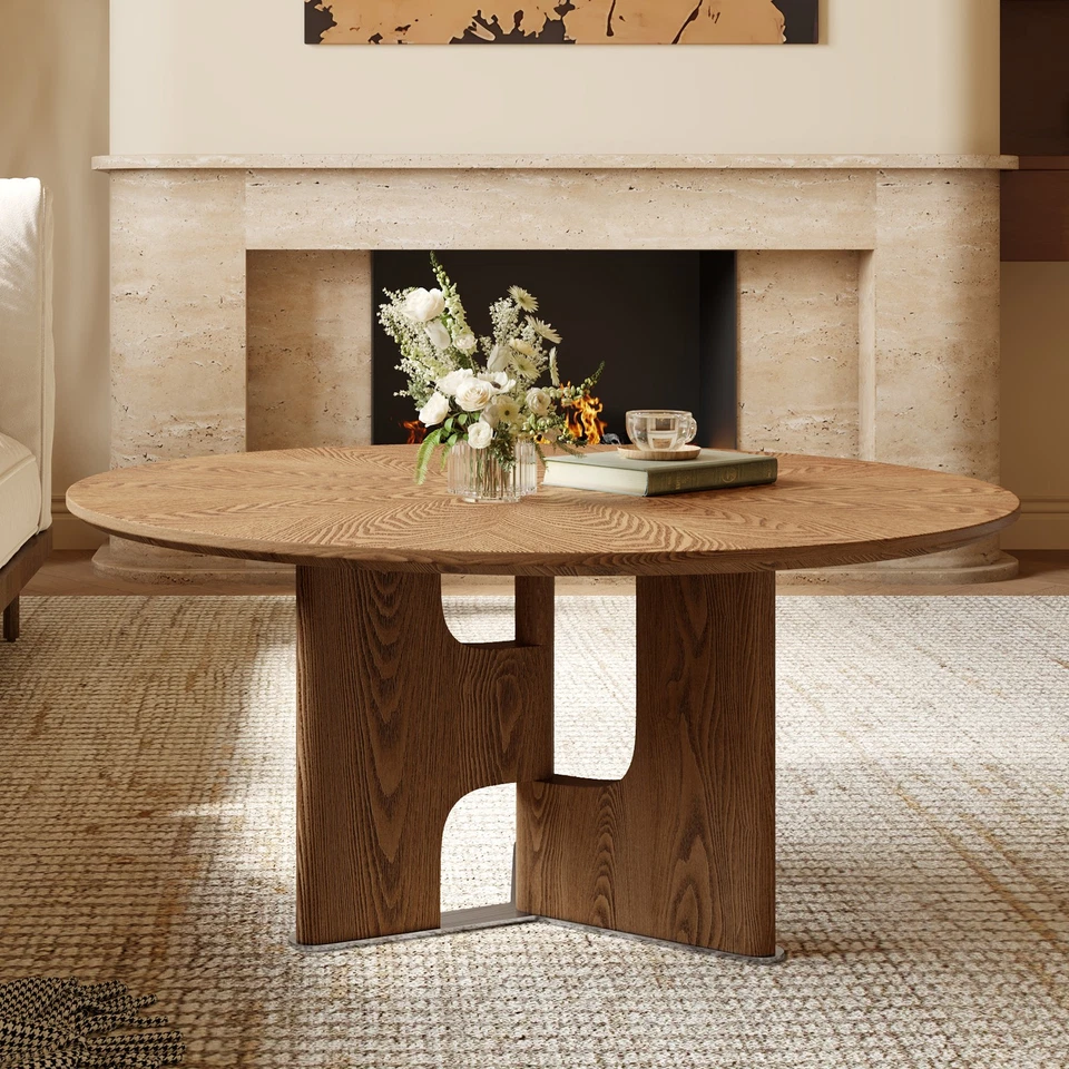 Mesa de centro redonda de chapa de madera de fresno rústico de 31,5 pulgadas para sala de estar pequeña Foto 2 de 4