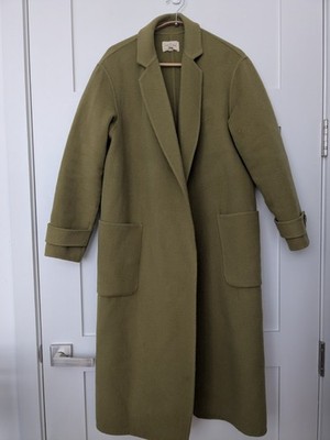 Sézane Mederick Green Wool Long Belted Overcoat Coat Size 34 Collared Pockets