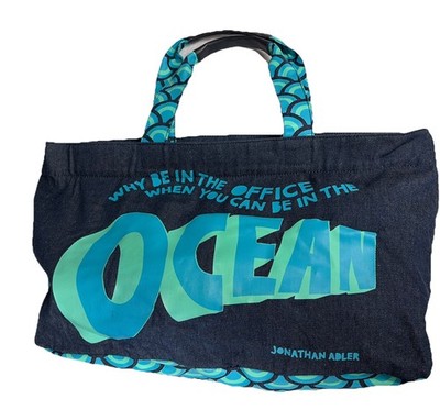 Jonathan Adler Denim Caribbean Why Be In The Office Ocean Printed Tote Beach Bag