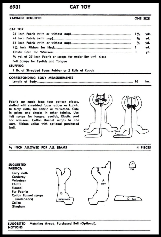 Advance 6931 Pattern Stuffed Animal Sleeping Kitten CAT Kitty Toy - Image 2 of 4