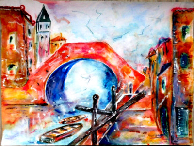 Großes Original Aquarell Venedig 48cm x 36cm Eva-Maria Sehm Sommer in Venedig