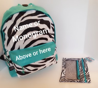 PERSONALIZED ZEBRA PATTERN WITH BLUE TRIM BACKPACK & MATCHING PENCIL CASE