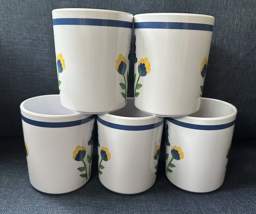 SET 5 DANSK BISTRO 4” MELAMINE COFFEE CUPS MUGS BLUE BAND FLORAL FLOWERS EUC - Picture 4 of 7