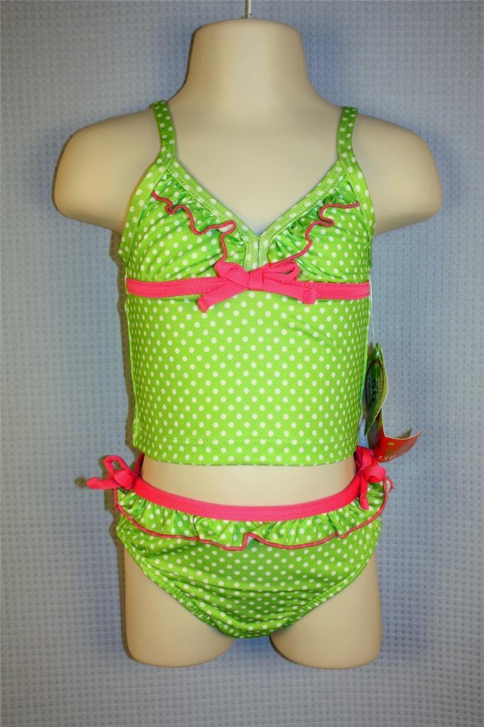 2T Penelope Mack Girls Green White Polka Dot Ruffle Tankini Swimsuit