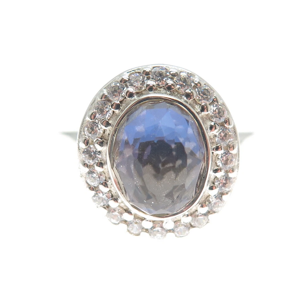 Anillo de plata de ley 925 doblete real de iolita y corte redondo C Z talla 8,25 Foto 3 de 4