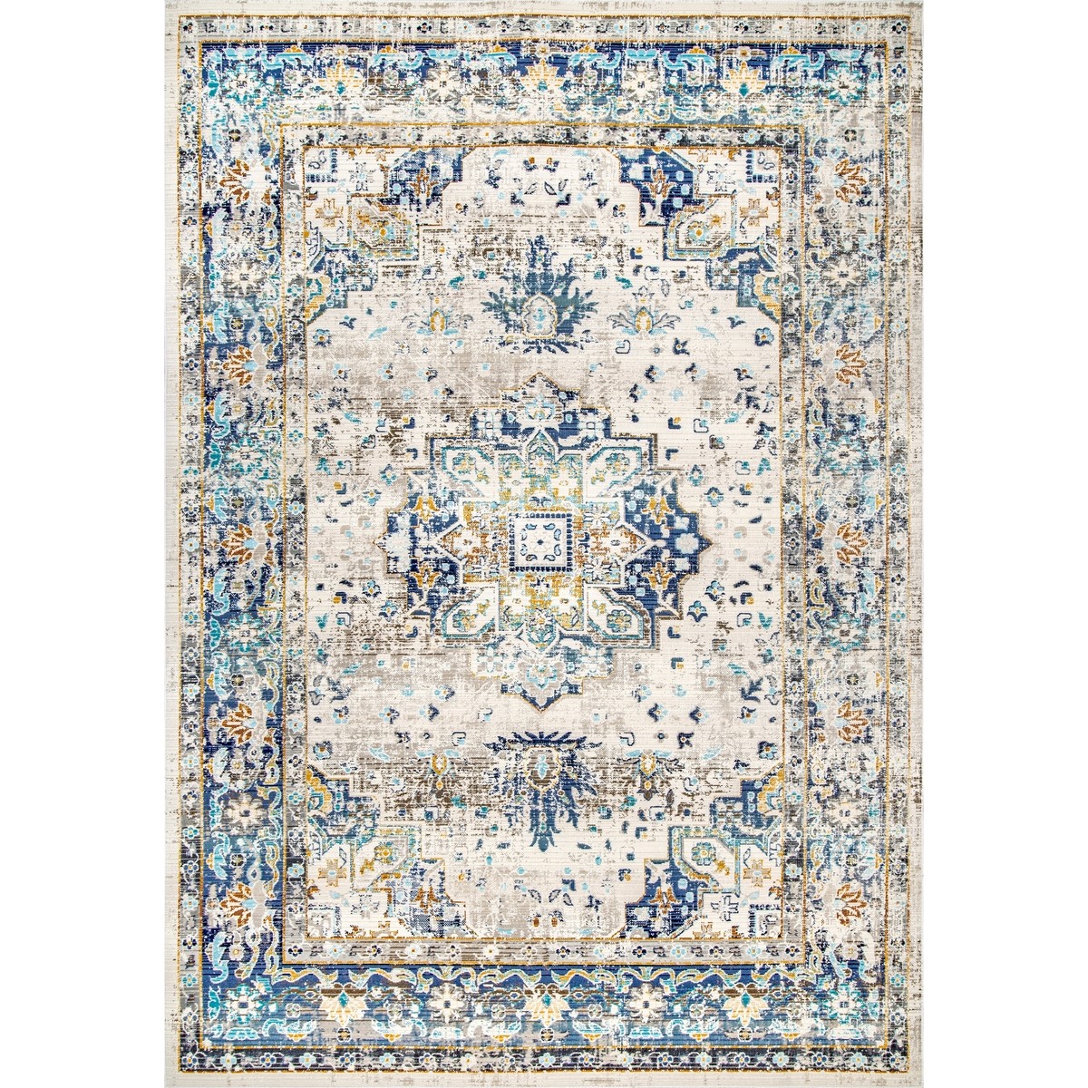 nuLOOM Ainsley Distressed Medallion Area Rug in Blue