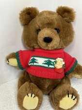 Vintage Dakin Teddy Bear Plush 9 Inch Christmas Sweater With Pin 1981 Brown