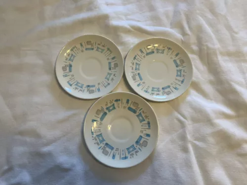 3 Vintage Blue Heaven Royal China 6 3/8" Plate MCM Atomic Saucer Plates Coffee