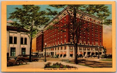 #ad 1950#x27;s Occidental Hotel Muskegon Michigan MI Building Trees Cars Posted Postcard $8.99