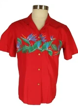 Paradise Found Vtg Red Floral Cotton Hawaiian Shirt M