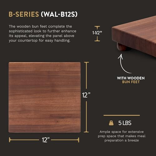 Block Square Wood Cutting Board, B Series w/Feet, 12"x12"x1.5", Walnut - Picture 2 of 9