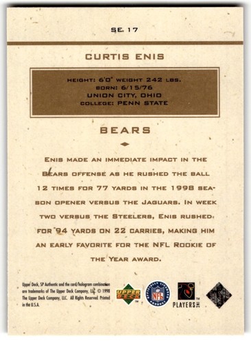 1998 SP Authentic Maximum Impact Curtis Enis #SE17 Chicago Bears - Picture 2 of 2