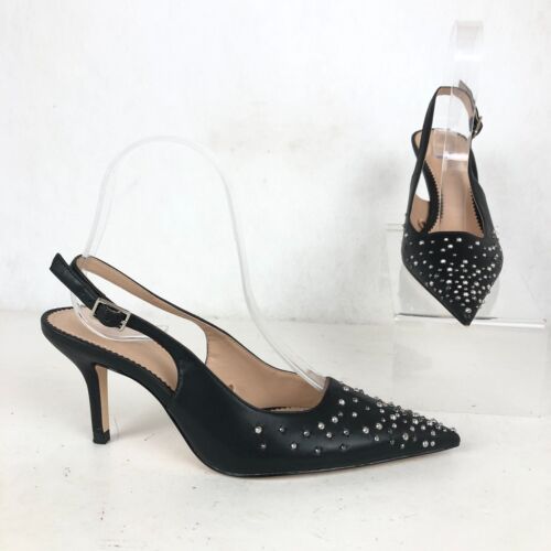 Zara Women's Size 36 (US 6) Black Rhinestone Studded Pointed Toe Slingback Heels - Afbeelding 1 van 11