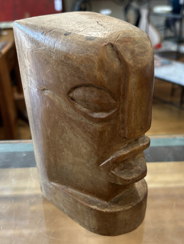 RARE Vintage Tahitian Carved Wood Tiki Style Statue Bookend Marked Handmade