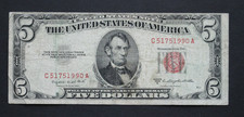 1953 B $5/Red Seal/United States Note/significant circ./F-1534/birthyear 1990