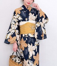 GRAIL Cute Flower Print Yukata  Obi Set Navy Japanese Summer Dress Kimono F/S