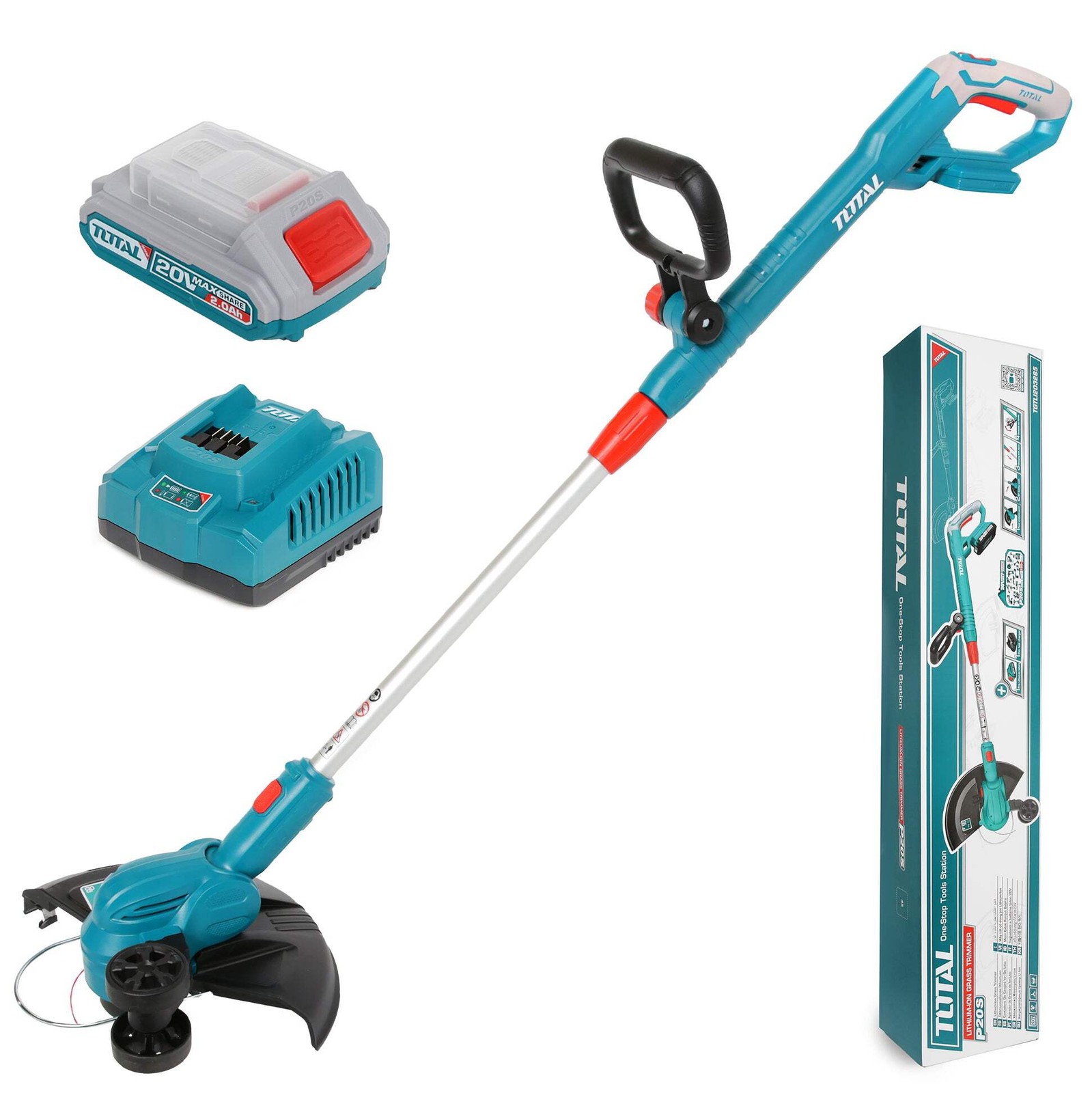 Total Li-Ion 20V Cordless Electric Grass Trimmer Battery & Charger Telescopic