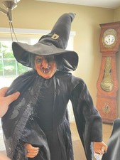 36" Soft Body Halloween Witch Resin Face + Hands Poseable Black Bat Cape Hangs