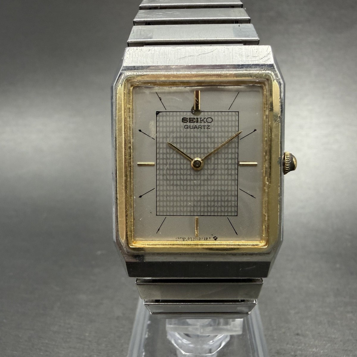Seiko Tank Watch Men 25mm Silver Dial Two Tone Rectangle 6530-5159