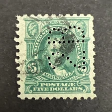 US Scott #480 $5 John Marshall Perfin
