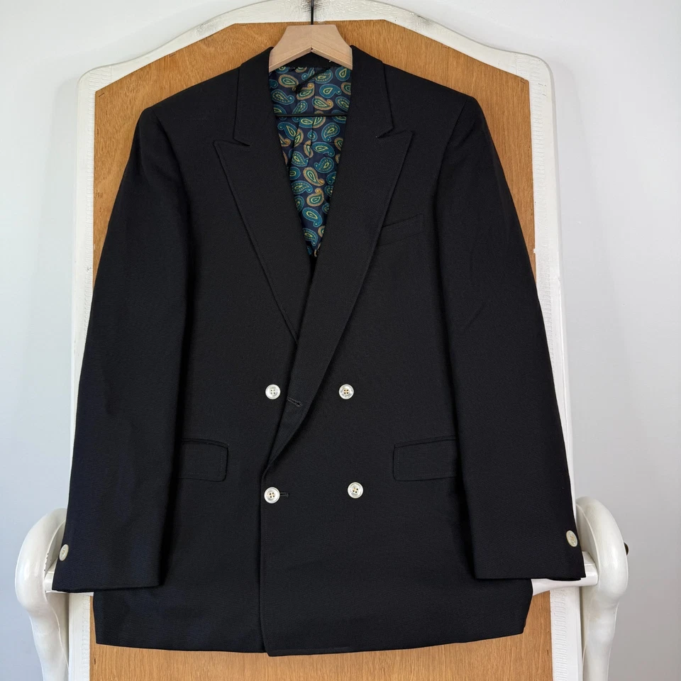Винтажный двубортный мужской блейзер 38S черный 4x1 шерсть 1950-е подкладка пейсли хопсак - Изображение 2 из 4
