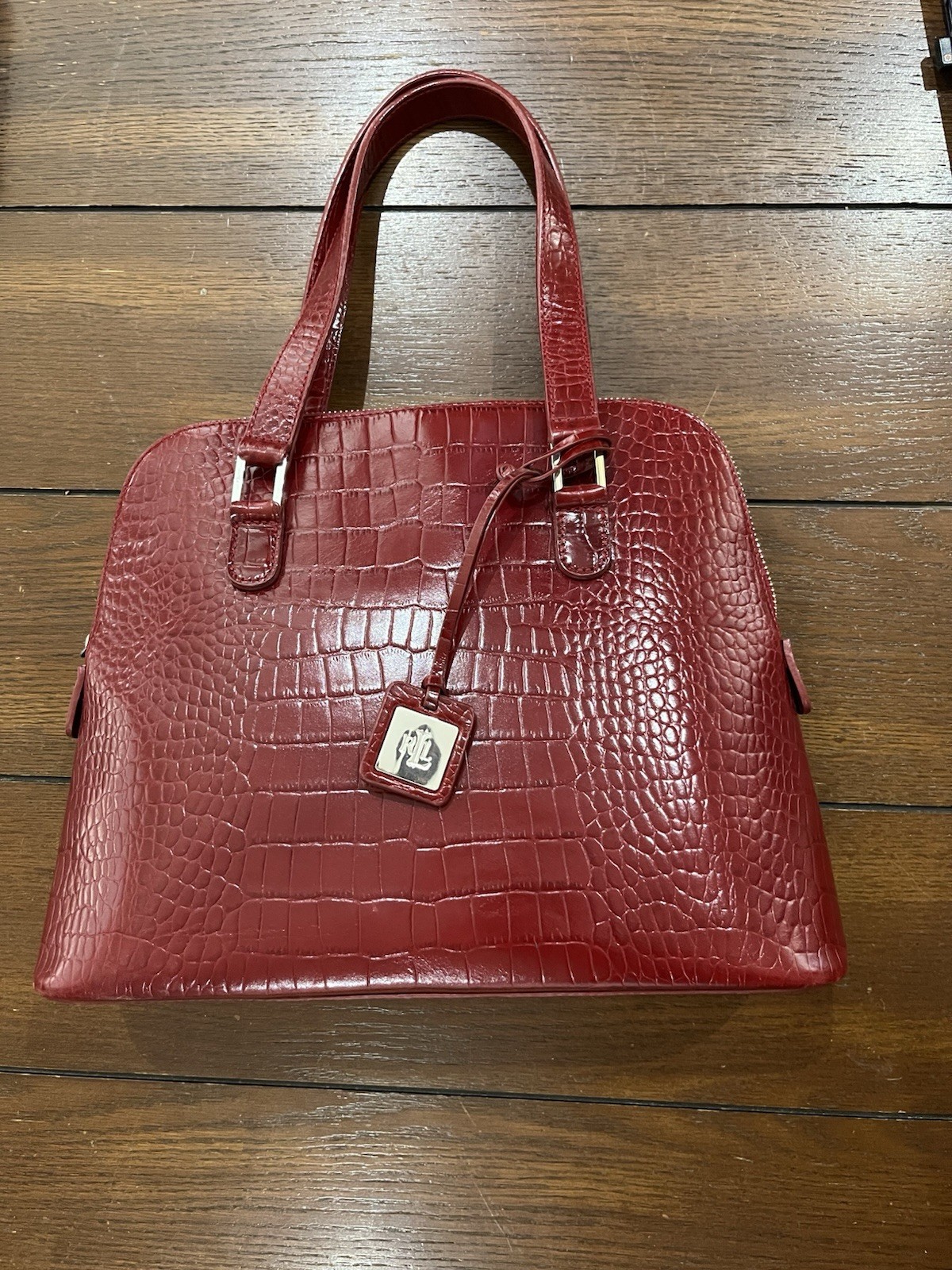 LRL Ralph Lauren Purse Satchel Bag Croc Embossed Vegan Leather Red