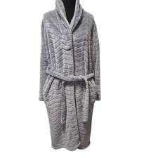 Cozy Plush Chevron Robe Shawl Collar Belted Loungewear One Size Fits Most Gray