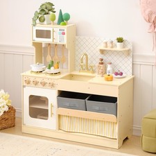 Wooden Pretend Play Kitchen Set with Storage System, Kids Play Kitchen with P...