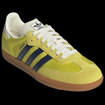 【お年玉SALE】新品クリッパン/samba yellow ブラン Adidas Women's Shock Yellow/Night Indigo Satin Sambas OG Sneakers
