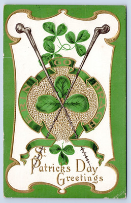 St Patrick's Day Greeting Postcard-Crossed Shillelaghs, Shamrocks, Erin Go Bragh