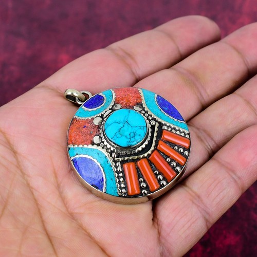 Red Coral, Lapis Lazuli, Turquoise Pendant 925 Sterling Silver Nepali Jewelry - Picture 3 of 6