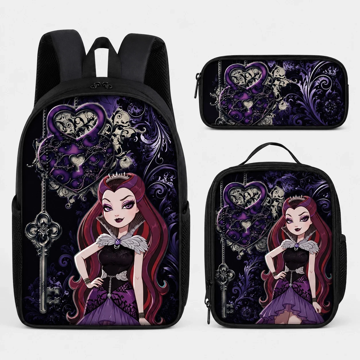 black Gothic Cartoon Backpack Set Kids School Bag Lunch Bag