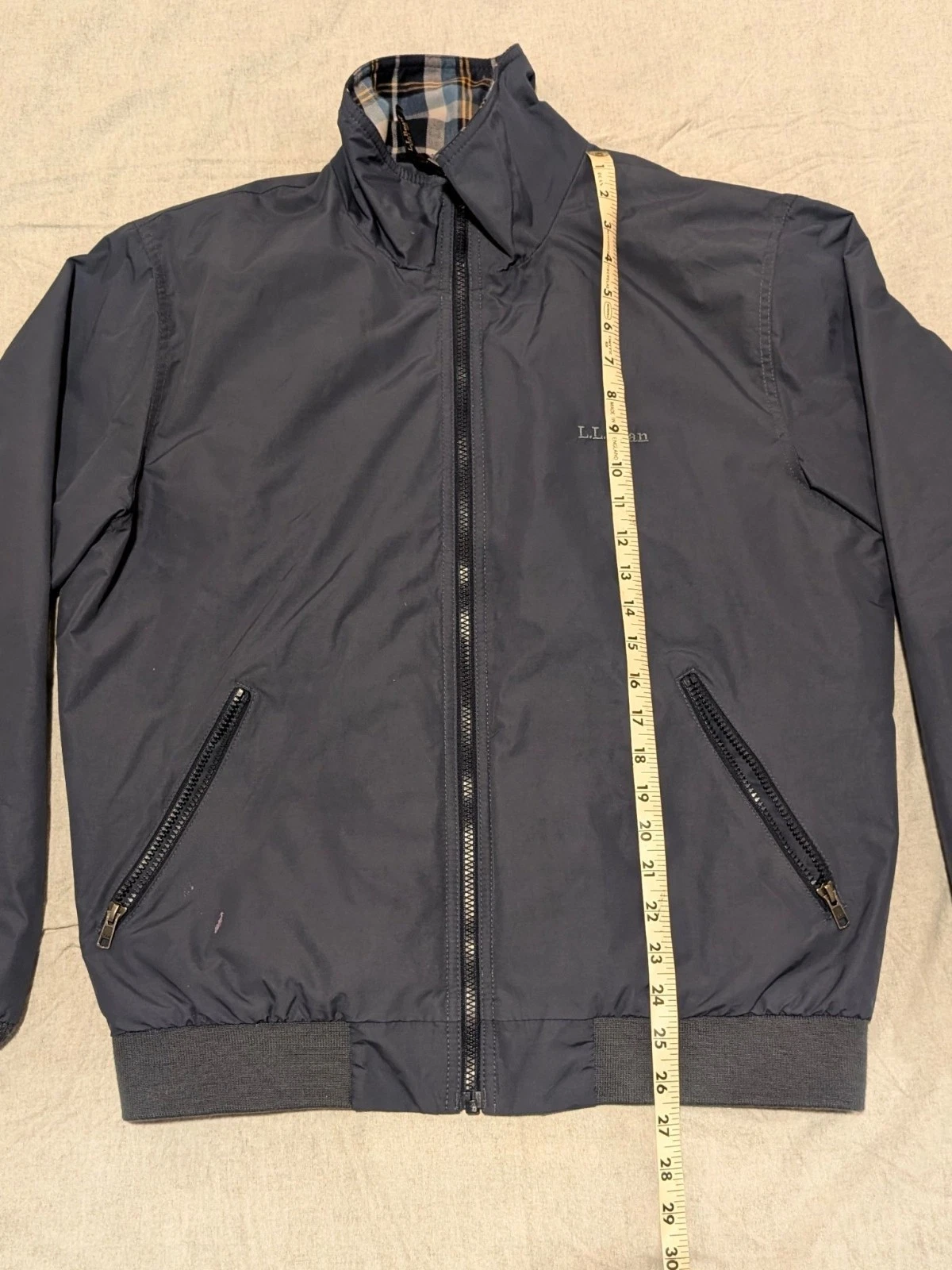 L.L.Bean Men's Warm-Up Jacket Flannel-Lined Dark Navy S Plaid Lining Full Zip - product detail image 2