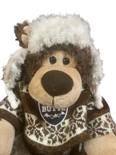 DolliBu Grizzly Bear Stuffed Animal Wearing a Sweater and a Fuzzy Hat.