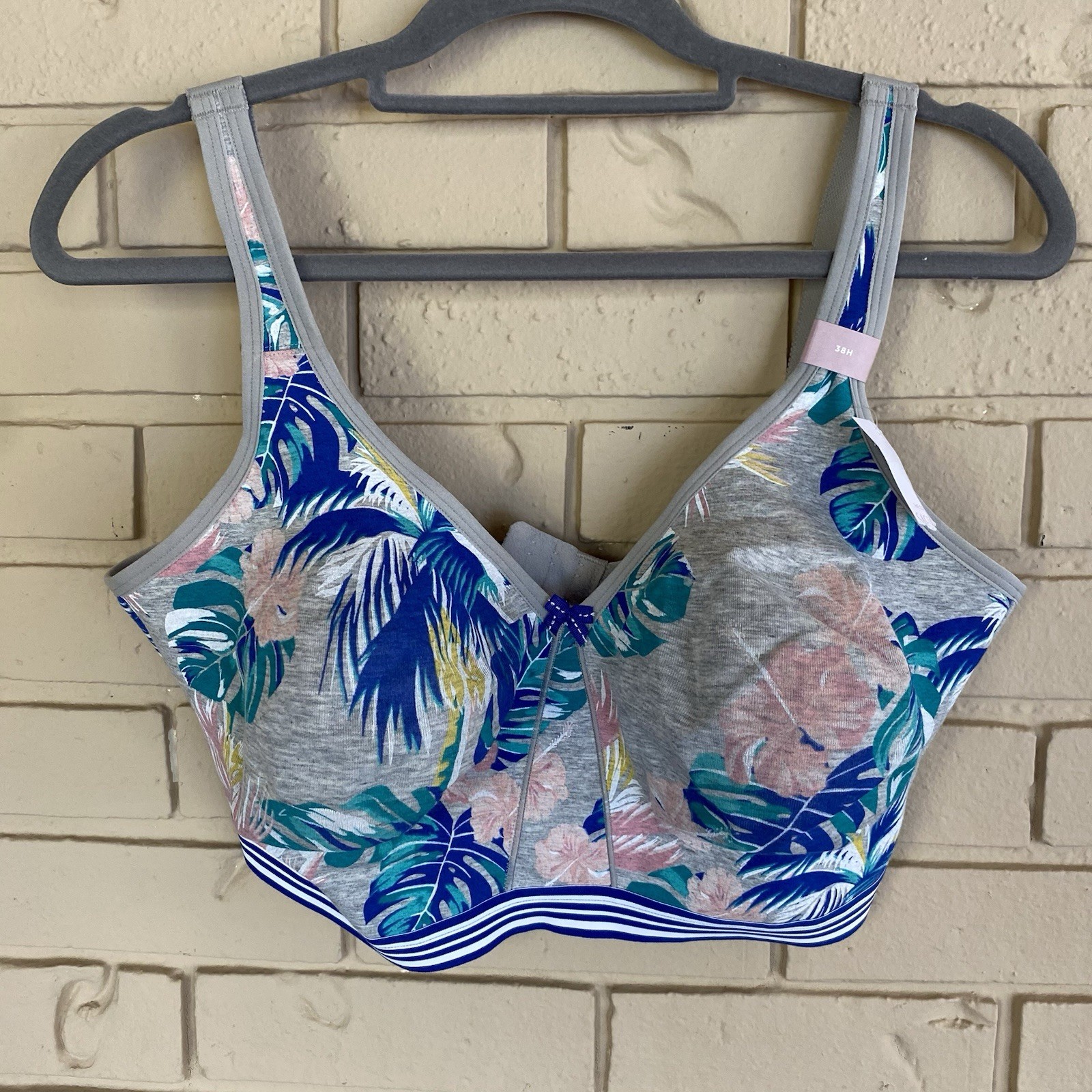 Cacique Bra 38H Unlined Full Coverage No Wire Gray Tropical Floral Wireless NEW