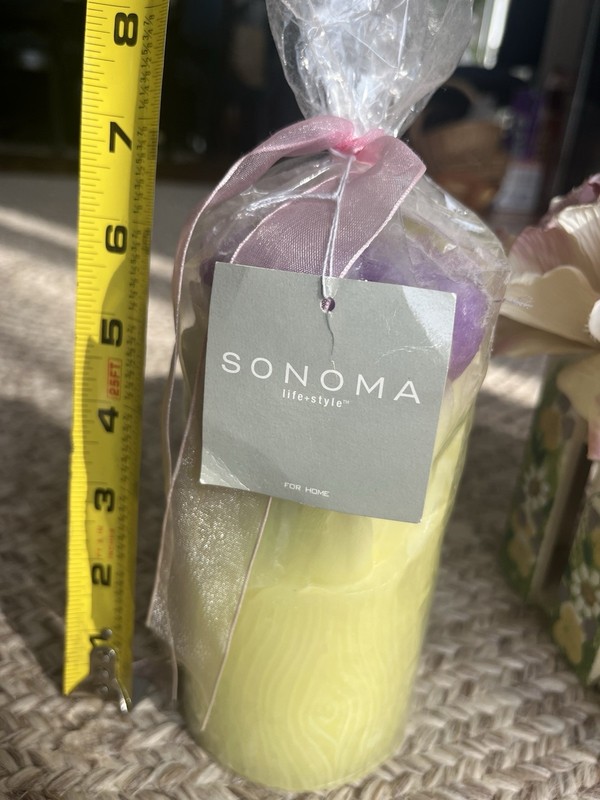 Sonoma Floral Candle W Tags & Paper Flower Arrangement In Square Floral Basket