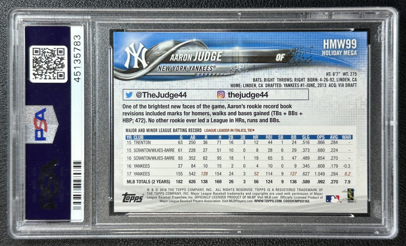 AARON JUDGE PSA 10 2018 TOPPS HOLIDAY #HMW99 YANKEES 5783 view 2