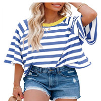 Damen T-Shirt Oversize Sommer Kurzarm Rundhals Gestreift Lockeres Oberteil Top