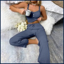Women's Two-Piece Pajama Set Solid Color Lace Trim Camisole and Pants